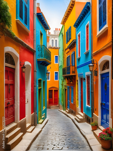 Bright colored houses. Enchanting cityscapes: journey through a bustling maze of narrow alleys lined with colorful doors and windows, revealing a whimsical wonderland in the heart of the. generative A