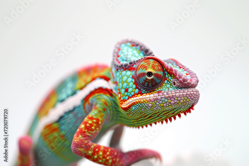 Abstract of lizard chameleon portrait isolated on white background with multi colored colorful on skin body and scales paint, reptile animal, Vibrant bright Full body chameleon