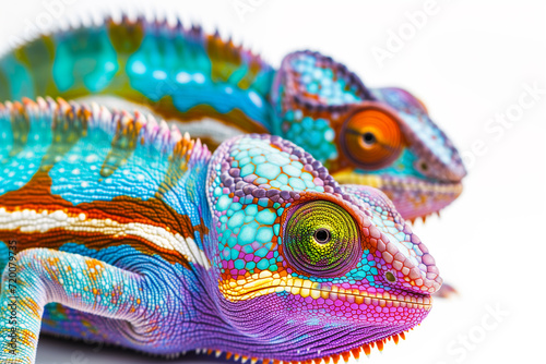Abstract of 2 lizard chameleon portrait isolated on white background with multi colored colorful on skin body and scales paint, reptile animal, Vibrant bright Full body chameleons © Nataliia_Trushchenko