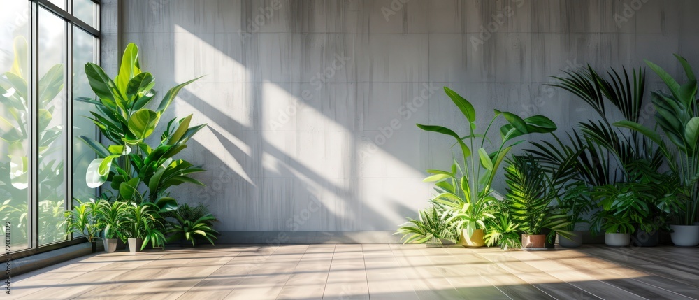 an empty room in a modern contemporary loft, lush green plants arranged on a sleek wooden floor. an empty room in a modern contemporary loft, lush green plants arranged on a sleek wooden floor.