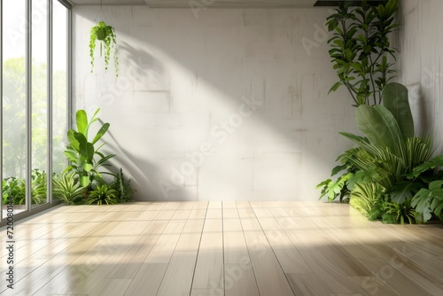 an empty room in a modern contemporary loft, lush green plants arranged on a sleek wooden floor.