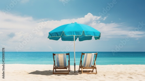 Two deck chairs under turquoise parasol on sandy beach. Vacation and relaxation.