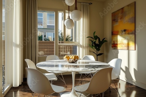 Dining Room Chic: Saarinen Marble Table, Molded Chairs, and Retro Pendant Light photo