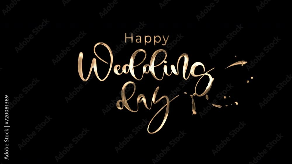 Happy wedding day text animation with alpha channel, suitable for wedding invitations, social media posts, and greeting cards. Celebration, love, joy.