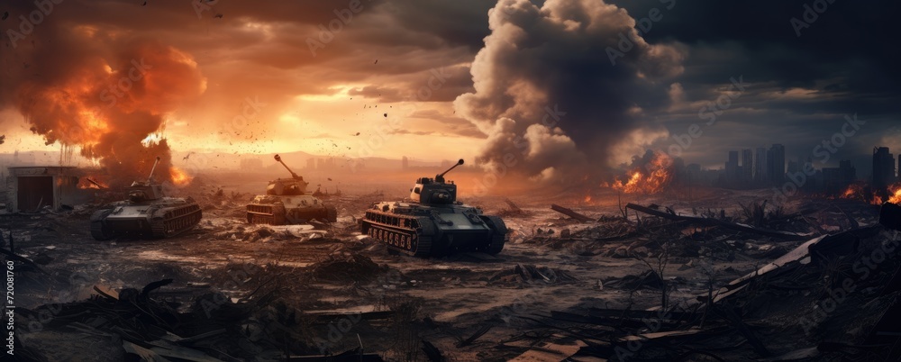 The chaos of a war zone is depicted with billowing clouds of fire and smoke, symbols of destruction and conflict.