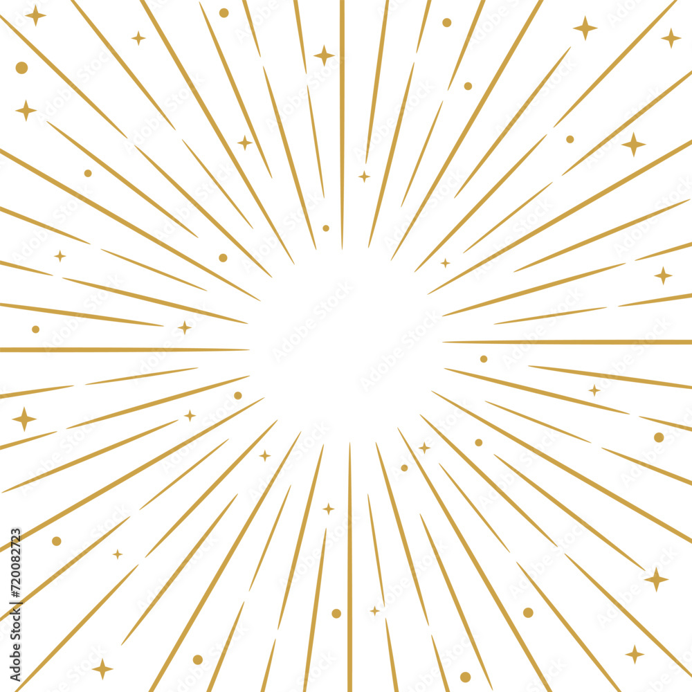 Fototapeta premium Gold sunburst vector frame with stars, sunray backgorund