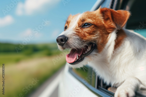 Dog travel by car. Dog enjoying road trip. happy dog with head out of the car window having fun. dog riding in car and looking out from car window. Happy dog enjoying life. Dog adventure.