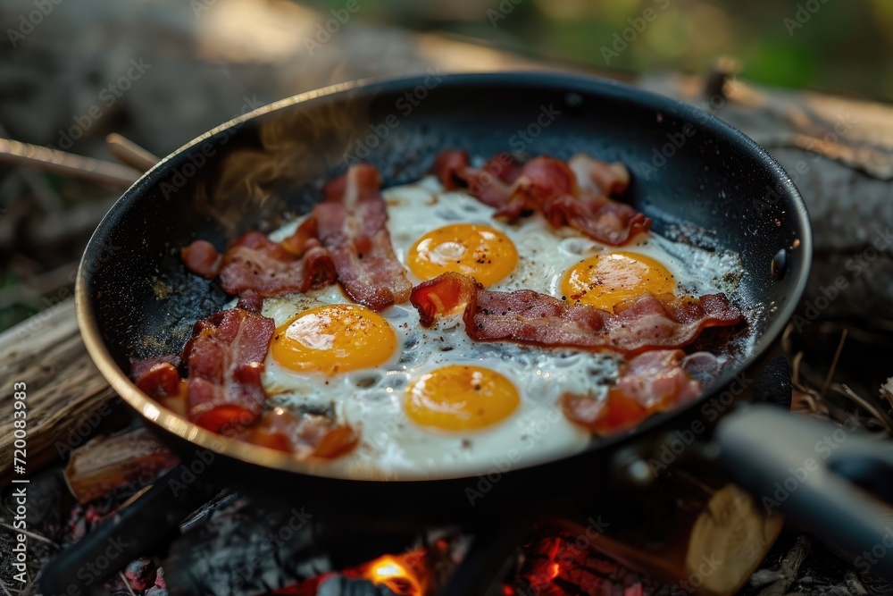 Camping breakfast with bacon and eggs in a cast iron skillet Camping breakfast with bacon and eggs in a cast iron skillet