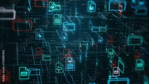 abstract complex grid with file and folder icons, futuristic document management system, concept of digital data organization (3d render)
