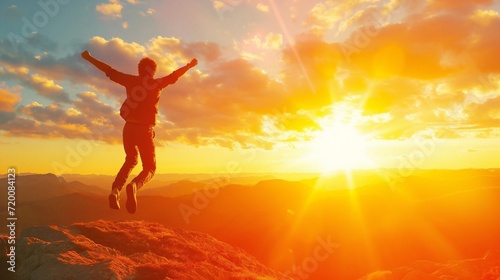 A person jumps in the air with their hands up, exuding happiness and vibrant energy, sunset.