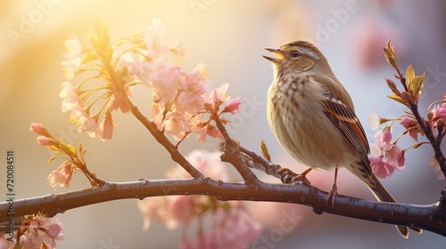 bird singing in the breeze on blooming tree