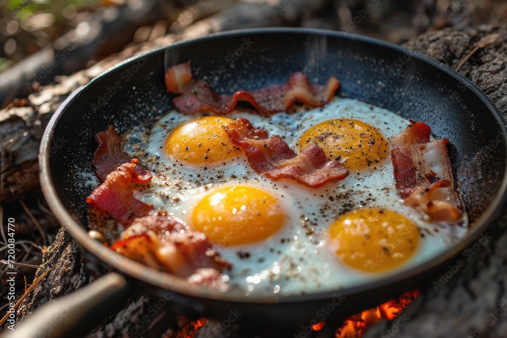Camping breakfast with bacon and eggs in a cast iron skillet