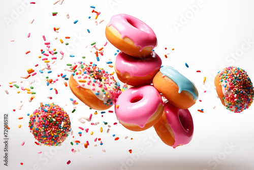 Donuts and confectionery topping flying over white background.