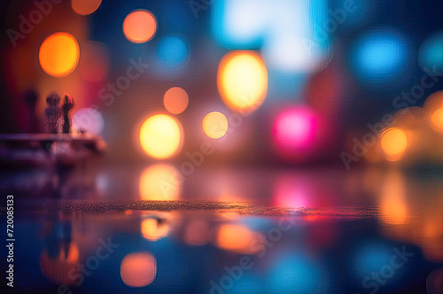 blur of multi-colored glare from light lanterns on sidewalk puddles © MarinaLye