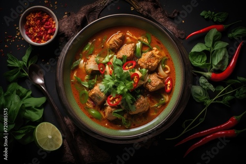Thaifood - Phanaeng Curry on table top. Overhead view.