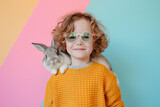 A cute kid with an easter rabbit bunny on his back, easter sale and promotional background for kid e-commerce store and social campaigns