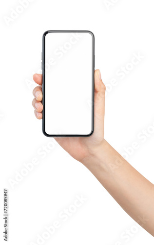 Hand holding the black smartphone with mockup of blank screen on isolated white background.