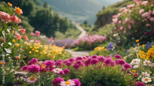  Artifical Intelligence generated vivid colorful landscape scenery with a path. Floral background in nature on the mountains. AI generated image