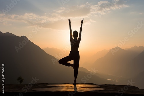 Stunning mountain landscape. beautiful athletic girl finding serenity through yoga at sunset