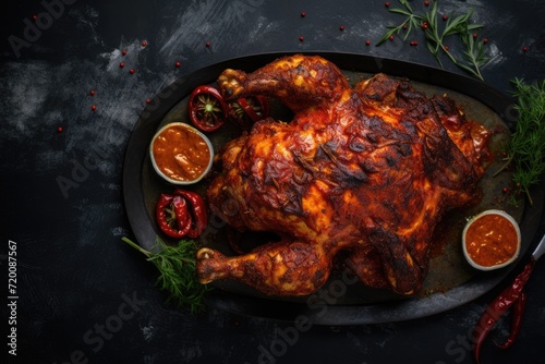 Whole Piri Piri Chicken on a counter top. Overhead view. photo