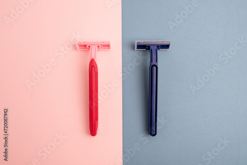 Disposable plastic razor with steel blade, men's and women's razors. Skin and body care concept. Depilation. Place for text photo