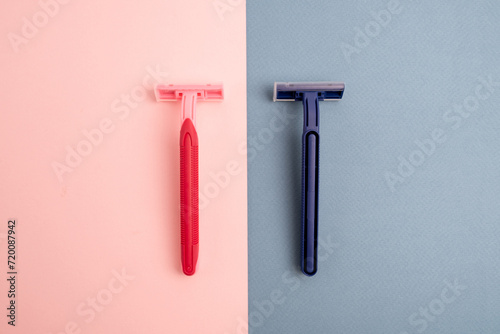 Disposable plastic razor with steel blade, men's and women's razors. Skin and body care concept. Depilation. Place for text
