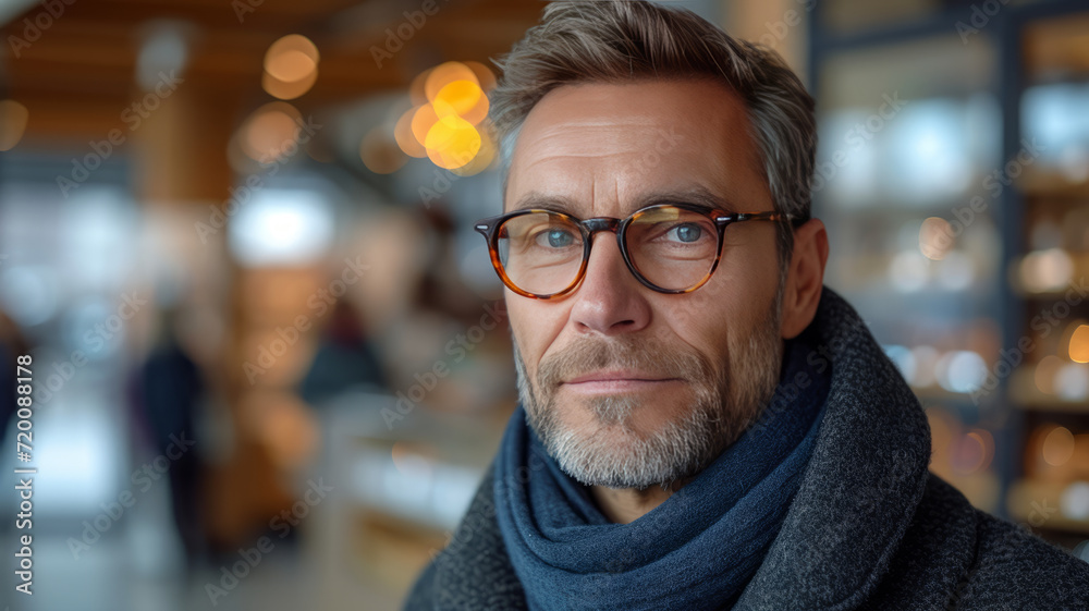 Caucasian middle aged man wearing pair of trendy glasses, stylish spectacles and new prescription lenses at an optometrist.generative ai Caucasian middle aged man wearing pair of trendy glasses, stylish spectacles and new prescription lenses at an optometrist.generative ai