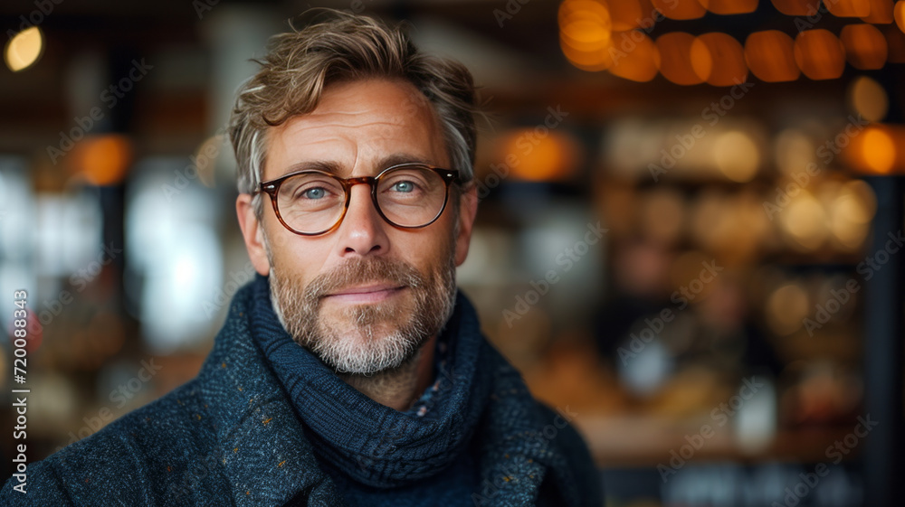 Caucasian middle aged man wearing pair of trendy glasses, stylish spectacles and new prescription lenses at an optometrist.generative ai Caucasian middle aged man wearing pair of trendy glasses, stylish spectacles and new prescription lenses at an optometrist.generative ai