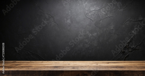 empty wooden table for product display with dark cracked wall background