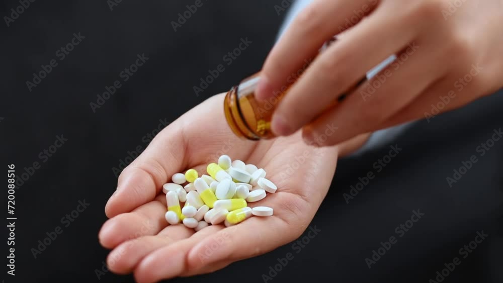Close-up of a woman's hands pouring pills from pill bottle onto her hand. Close-up of a woman's hands pouring pills from pill bottle onto her hand.