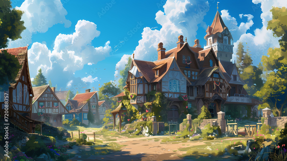 illustration of big rich ancient house in small vilage with bright cloudy sky fantasy cute environment in valentine day