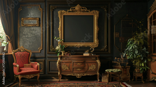 Antique wooden cabinet and ornate golden frame