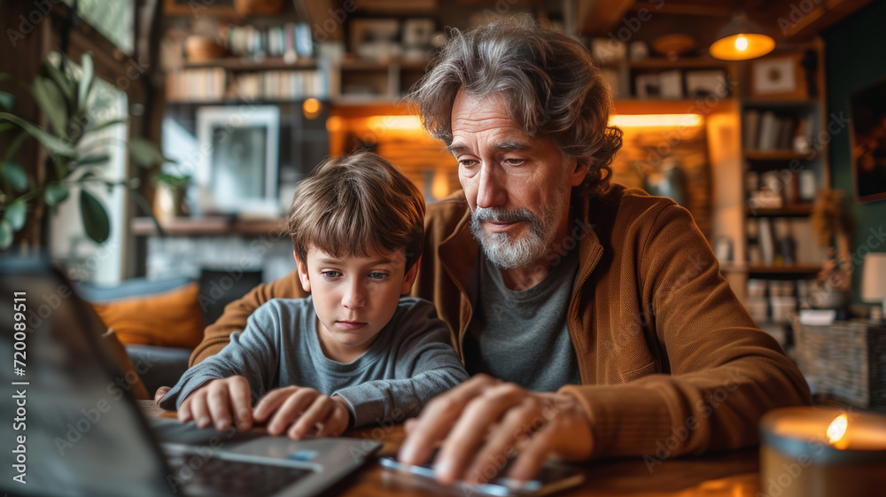 Father and son doing homework with laptop at home. generative ai Father and son doing homework with laptop at home. generative ai