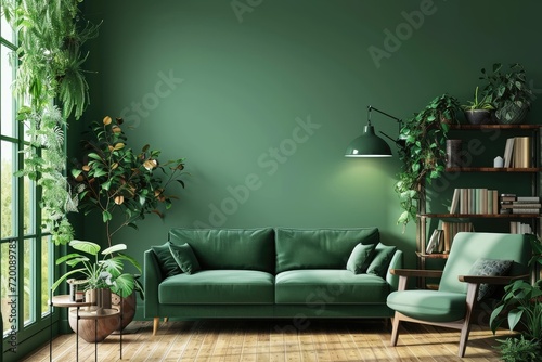Green sofa and chair against green wall with book shelf. Scandinavian home interior design of modern living room with greenery
