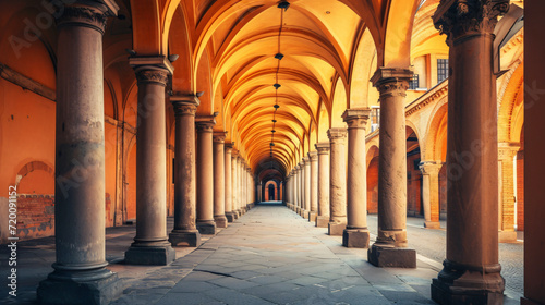 Arches and columns of ancient buildings. Bologna