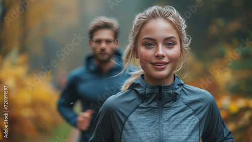 Portrait of a young couple running and exercising in a park outdoors. generative ai