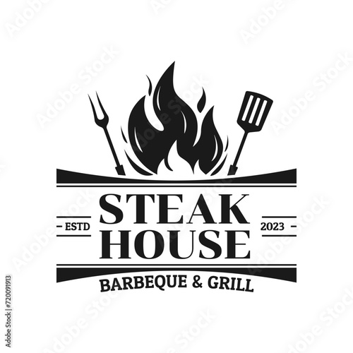 Steak house logo, icon or badge. Barbecue and grill label with fire flame. Meat restaurant design. Vector illustration.  