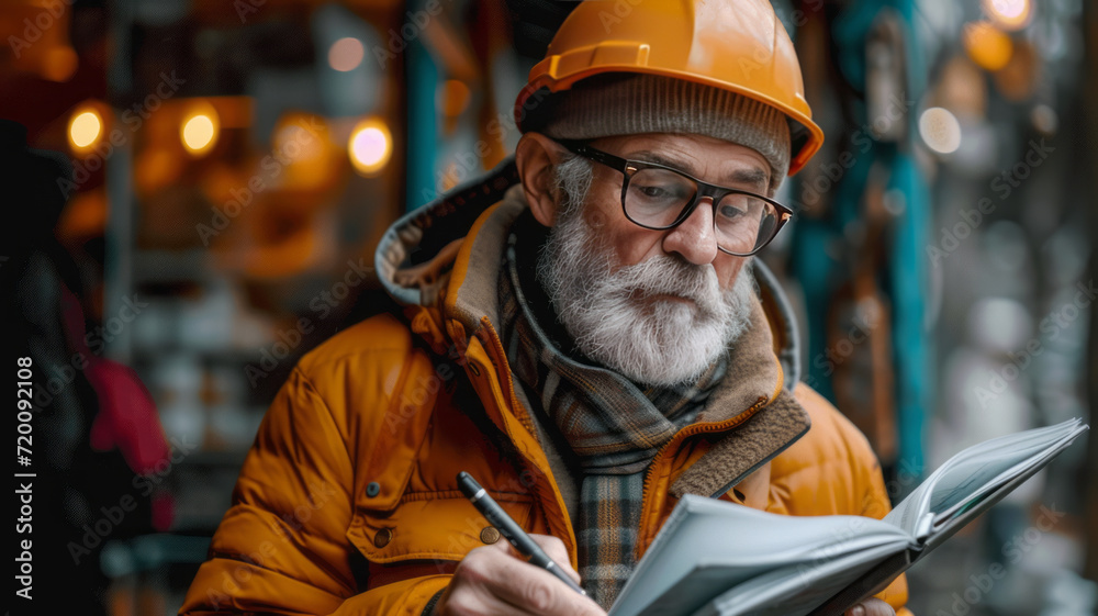 senior businessman architect wearing a protective helmet writing in a notebook and holding a blueprint on the construction site. generative ai