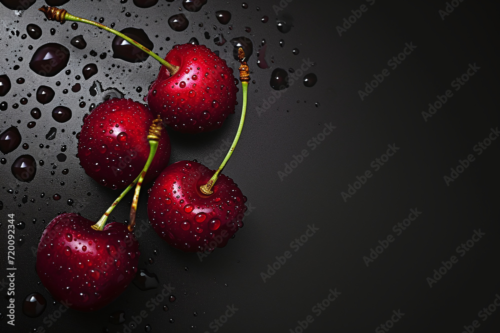 Ripe cherry berries with splashes of water on a black background.