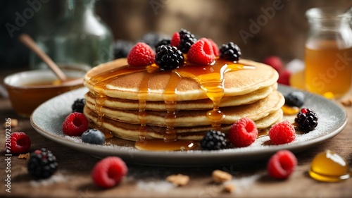 Fluffy and delicate pancakes with honey and berries. Generative AI