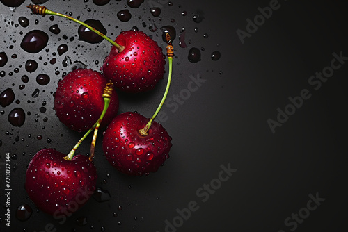 Ripe cherry berries with splashes of water on a black background.