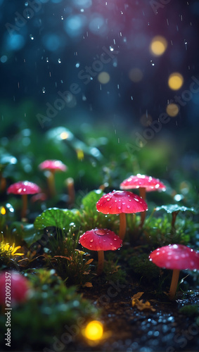 A Rainy Summer Night's Macro Photography with Colorful Details and Soft Bokeh Lighting.