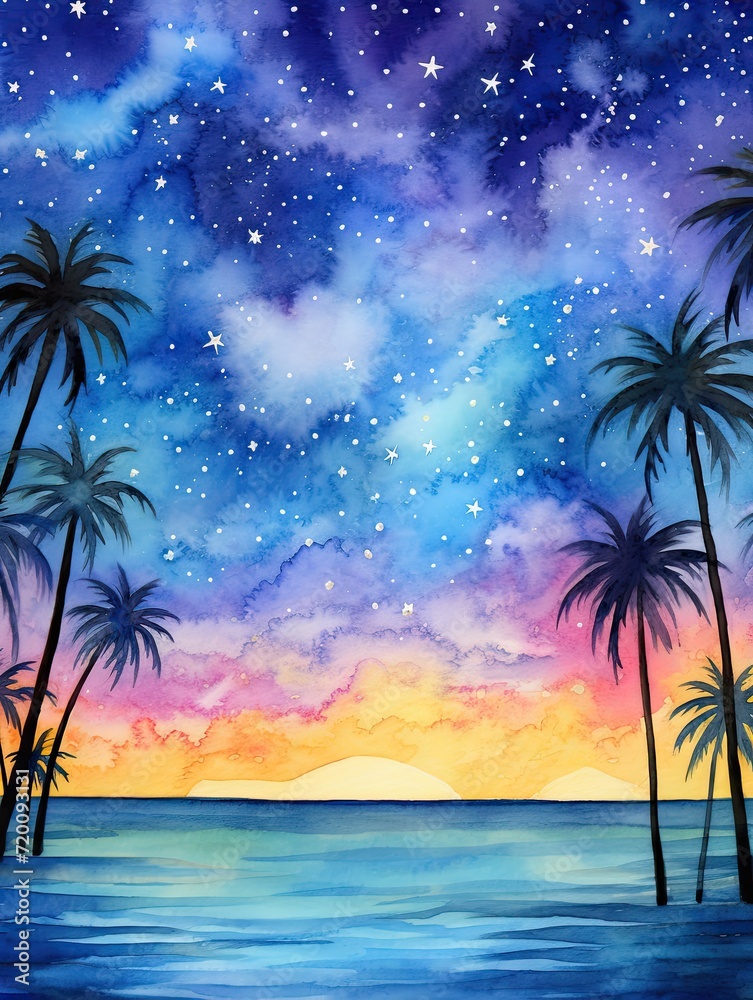 Cosmic Galaxy Watercolors Tropical Beach Art: Stars Over Beach Splendor