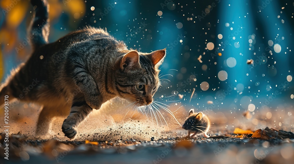 A cat chasing a mice, dynamic action, jumping, splashes of dust, nature photography, raking light, blue lights in the background
