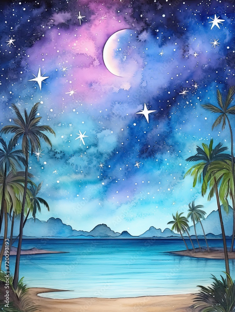 Cosmic Galaxy Watercolors - Tropical Beach Art with Stars Over the Beach