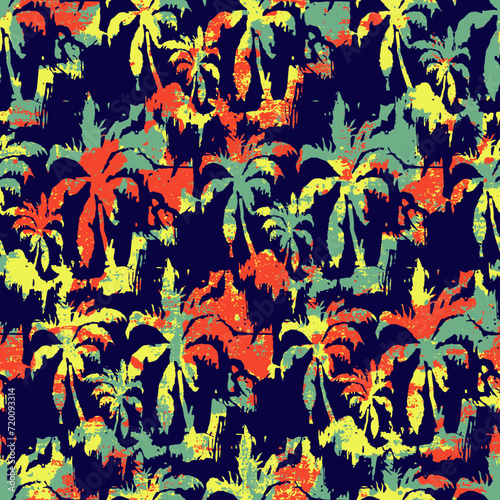 Stylized abstract palm tree with splattered background grunge vector seamless pattern for summer beach wear fabric shirt bikini pareo swimsuit towel boardshort