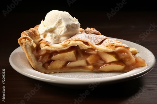 Delicious Apple Pie with Vanilla Ice Cream on Wooden Table