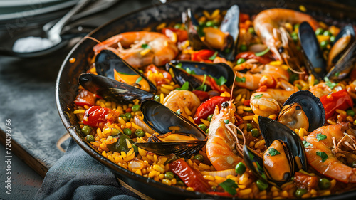 Delicious traditional traditional paella in a frying pan, seafood, tomatoes. Photorealistic, background with bokeh effect. 