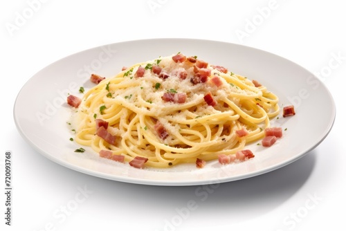 Delicious Spaghetti Carbonara on White Plate Isolated on White