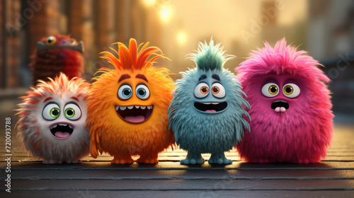 A family of colorful furry monsters, kind and playful, generative AI